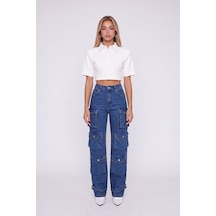 Holly Lolly Yüksek Bel Wide Leg Cargo Jean Pantolon Mavi