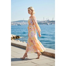 Benerly Kadın Elbise Maxi A Kesim Dokuma Bebe Yaka Uzun Balon Kol Çiçek D Pembe