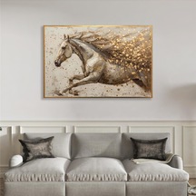 Yağlı Boya Dokulu Tablo Koşan Modern Beyaz At Altın Çerçeveli U04016-178930