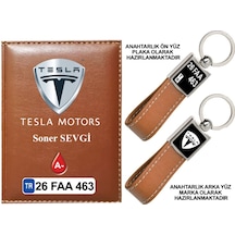 Plakanıza Özel Tesla Logolu Taba Ruhsat Kabı Ve Anahtarlık