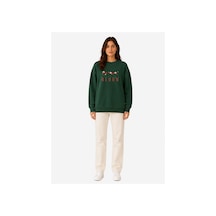 Herkesemoda Bloom Baskı Detaylı Şardonlu 2 İplik Bisiklet Yaka Sweatshirt Yeşil