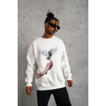 Barlashive Erkek Güvercin Baskılı 3 İplik Pamuklu Bisiklet Yaka Sweatshirt - Beyaz Çok Renkli