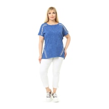 Mia Butik Büyük Beden Mavi Yuvarlak Yaka Bluz-1059 Mavi