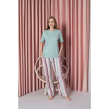 Ahengim Kadın Pijama Takımı Süprem Kısa Kollu Alt Çizgili Göğüs Nakışlı Pamuklu W20722328 Mint