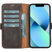 Apple Uyumlu iPhone 13 Deri Cüzdanlı Kılıf Acı Kahve
