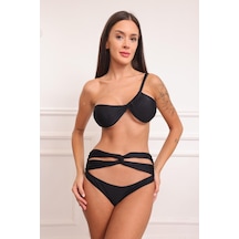 Tek Omuz Büzgülü Bikini - Siyah Siyah