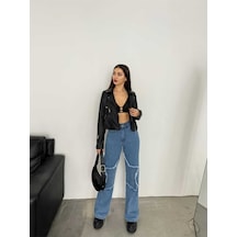 Shevega Kadın Mavi Bacak Yildizli Bol Paça Kot Jeans Pantolon Mavi