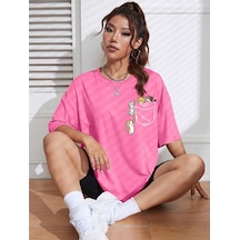 Unisex Kadın/erkek Cat Renkli Özel Baskılı Oversize Bisiklet Yaka Süprem T-shirt Pembe-283626