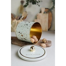 Terrazo Desenli Yuvarlak Metal Saklama Kabı, Erzak Saklama Kabı - Organizer Kutu 14 Cm X 12,5 Cm Terrazzo Cream