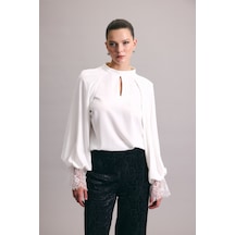 Sateen Dantel Detaylı Uzun Kollu Bluz - Ekru-137004 Ekru