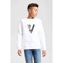 Tshirthane Vikings V Logo Baskılı Unisex Çocuk Beyaz Sweatshirt Beyaz