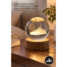 10 Adet 3d Kristal Cam Küre Ahşap Soketli İstanbul Temalı Led Lamba 7,5 Cm, Glass Globe Night Light