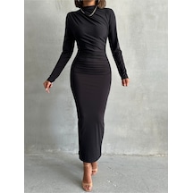 Kadın Drape Detay Uzun Elbise Siyah