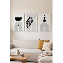 Beyaz Ahşap Çerçeveli Minimalist Geometrik 3 Lü Set Siyah Çizgi Duvar Tablosu Beyaz
