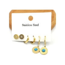 Çelik Mavi Taşlı Yuvarlak Üçlü Küpe Seti Mavi