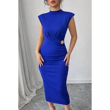 Butik İstanbul Kadın Yarı Balıkçı Yaka Kısa Kollu Çicek Aksesuar Detaylı Midi Dalgıç Elbise Mavi