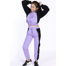 Toontoy Kids Toontoy Kız Çocuk 2'li Takım Kapüşonlu Fermuarlı Sweatshirt & Beli Paçası Lastikli Cepli Jogger Eşofman Altı - Renk Bloklu & 2 İplik Lila