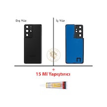 Samsung Galaxy S21 Ultra Siyah Renk Lensli Arka Kapak + B7000 Yapıştırıcı Arka Cam Batarya Kapağı Pil Kapağı Lazer Kesim Back Cover Galaxy S21 Ultra Uyumlu