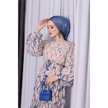 Neşeli Butik Kadın Şifon Eteği Fırfırlı Desenli Tesettür Elbise Sms008 Mavi