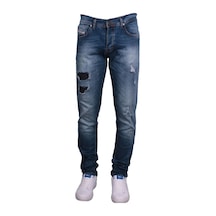 Erkek Mavi Denim Perç İşlemeli Pantolon Mavi