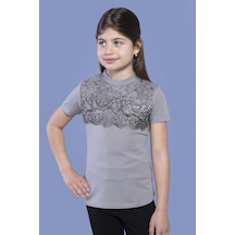 Toontoy Kids Toontoy Kız Çocuk Önü Çiçek Dantelli T-shirt Gri