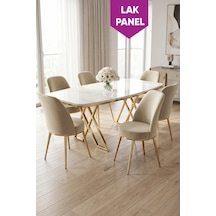 Peras Serisi 90x160 Lak Panel Beyaz Mermer Desen Gold Ayaklı Masa Takımı 6 Sandalye Beyaz Mermer Masa Krem Sandalye