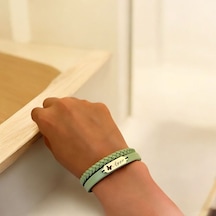 Ayşe İsmine Özel Kelebek Figürlü 14 Ayar Altın Plakalı Doğal Yeşil Derili Hediye Bileklik-660isim Ayşe