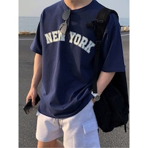 Flood Of Style Erkek Lacivert Düz New York Baskılı Oversize