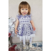 Fırfır Ve Dantel Detaylı Etnik Desenli Mavi Beyaz Kız Çocuk Bebek Elbise 001