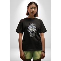 Beyaz Kurt Pamuklu Bisiklet Yaka Unisex Oversize Boyfriend Dijital Baskılı Siyah T-shirt Siyah