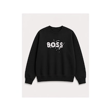 Herkesemoda Baskı Detaylı Şardonlu 2 İplik Bisiklet Yaka Sweatshirt Siyah