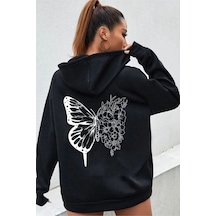 Medinenur Unisex Siyah Kelebek Baskılı Kapüşonlu Sweatshirt siyah