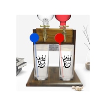 Kişiye Özel Renkli Baskılı Kral Ve Kraliçe Tasarımlı İkili Vodka Bardağı Ve Çift Musluklu Doğal Ahşap Vodka Standı-1