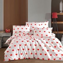 Tek Kişilik Nevresim Takımı 160x220cm Kalpli 2 Yastık Kılıfı Lastikli Çarşaflı 100x200+30 Beyaz - Kırmızı