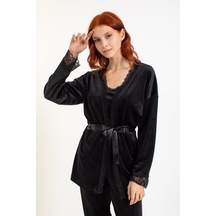 Kadın 13402-1 Dantelli Sabahlık Kadife Pijama Takım SİYAH-Siyah