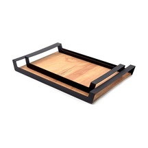 Ham Renk Servis Ve Sunum Tepsisi Metal Kulplu Ahşap Tepsi - 42x22 5 Cm Çok Renkli