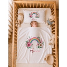 İsme Özel Kız Bebek Battaniye 80x80 Cm Ve Yastık Kılıfı 35x45 Cm %100 Pamuk Organik Baskılı Bebek Seti Bebek Hediyesi 1065yb Krem
