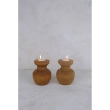 2 Li Büyük Boy Nar Model Tealight Ahşap Şamdan Seti Dekoratif