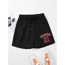 Letter Graphic Drawstring Waist Şort Siyah