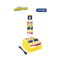Flosoft Lisanslı Minions Düğmeli Matara Ve Beslenme Kutusu, 3 Bölmeli Okul Kabı Ve Suluğu 2 Li Set