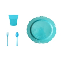 Omeyva 26 Cm. Plastik Mika Turkuaz Sorfa Piknik Seti - 48 Kişilik Tabak Bardak Çatal Kaşık Takımı