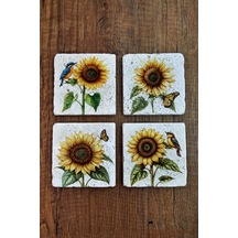Doğal Taş Bardak Altlığı - Ayçiçeği, Kuş & Kelebek Temalı Stone Coasters Çok Renkli