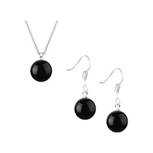 Oniks Taşlı Kadın Gümüş Set Küpe-kolye Yuvarlak Sallantılı Kanca Model 8 Mm