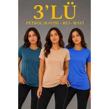 Hazego 3 Lü Kısa Kollu Bisiklet Yaka Basic Slim Fit T-shirt -petrol Mavisi - Bej - Mavi Çok Renkli