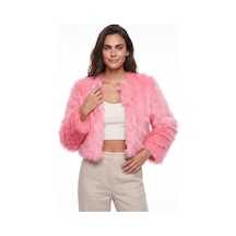 Onloox Kadın Şeker Pembe Şeker Pembe Suni Kürklü Polyester Kumaş Uzun Kollu Astarlı Detaylı Kısa Form Mont Ceket