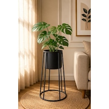 Tr Bitkidunyam Siyah Metal Ayaklı Saksı, Silindirik, Modern Tasarım, 60x40 Cm No:14 Diğer