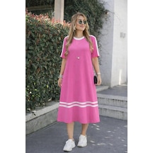Defymoda Kadın Kısa Kollu Bisiklet Yaka Şerit Detaylı Midi Viskon Elbise Pembe