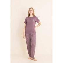 Enisena Kadın Pijama Takımı-menekşe Kumaş-3 Düğmeli-yaka Baskılı-12606sf Pudra