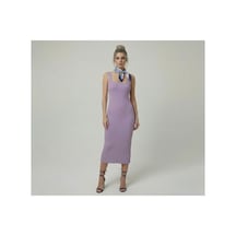 Neden Tekstil Premium Fit Kare Yaka Fitilli Triko Midi Elbise - Lila