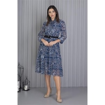 Dip Moda Kadın Kemerli Leopar Desenli Şifon Elbise Dpapcx04 Indigo